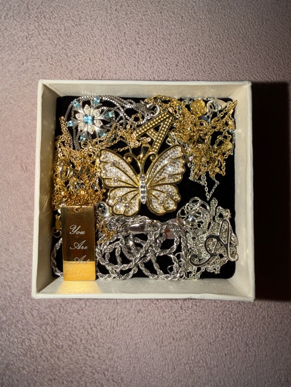 Box of Mixed 925 Silver and Gold Necklaces and Pendants